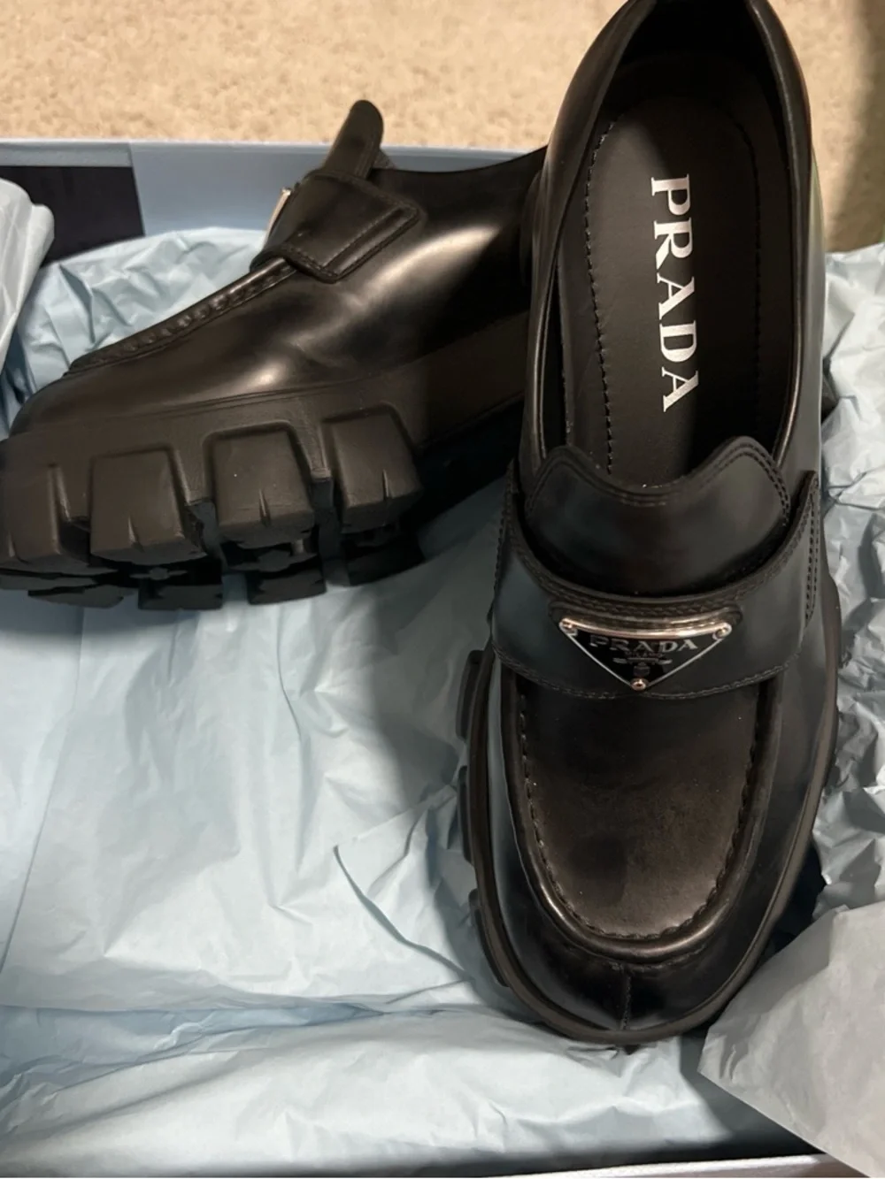 Prada Black Leather Lug-Sole Loafers with Triangle Logo - Picture 2 of 10